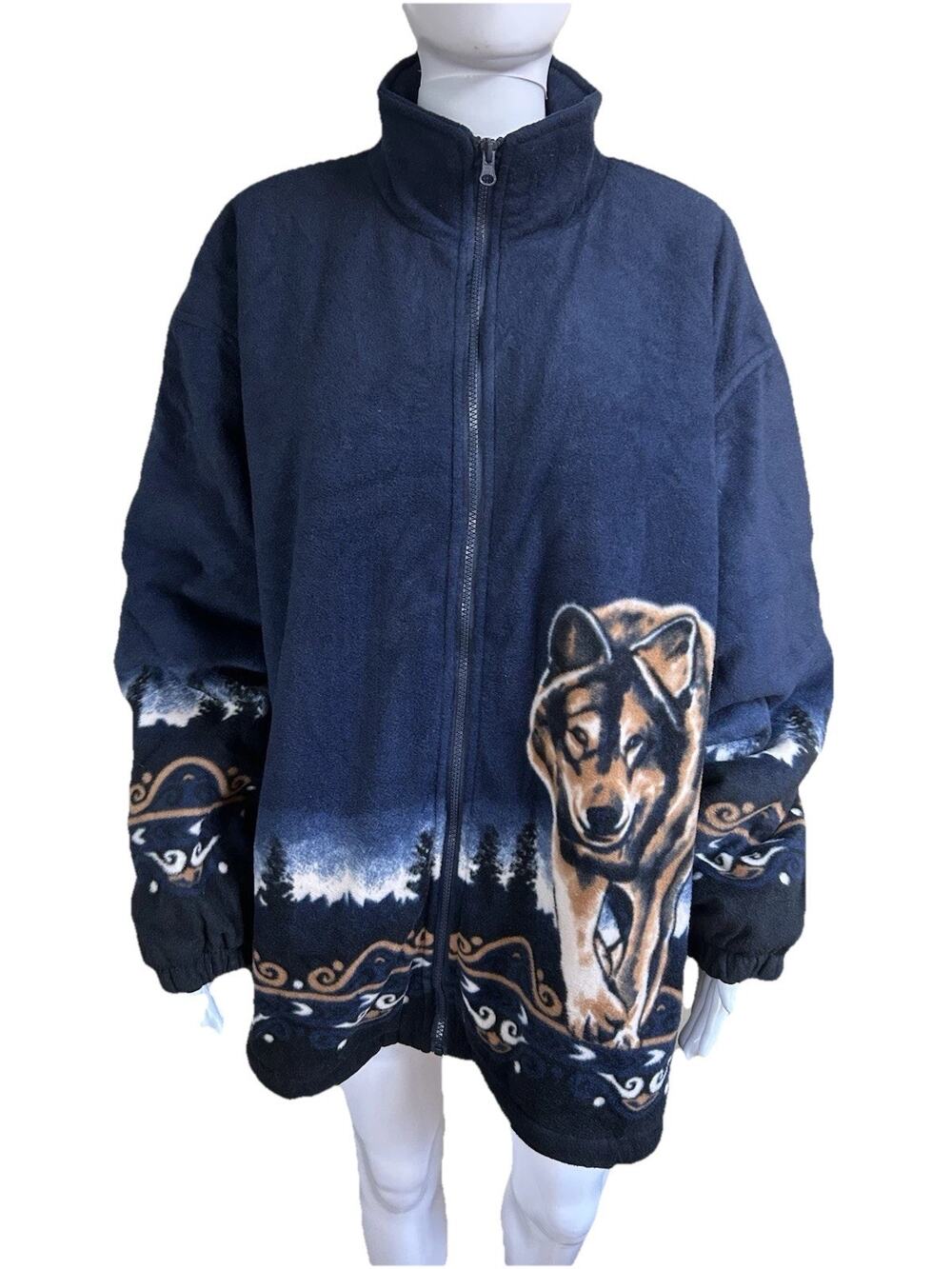 Vintage Wolf Sherpa Fleece Jacket XL Navy Full Zip 90s Wildlife Graphic Unisex